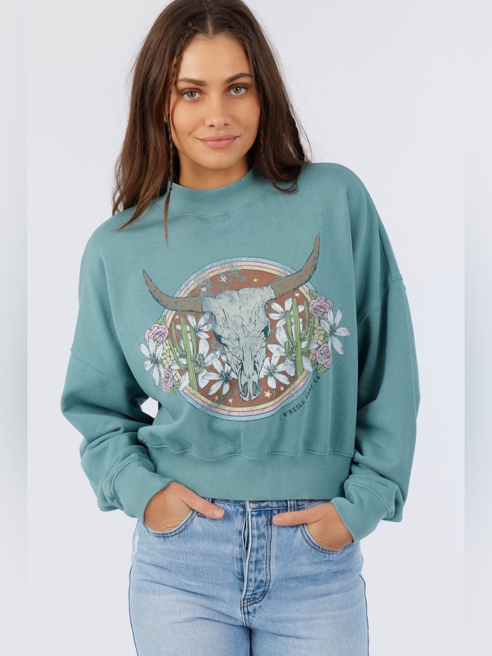 O'Neill Teal moment Cropped Graphic Skull Sweatshirt size
